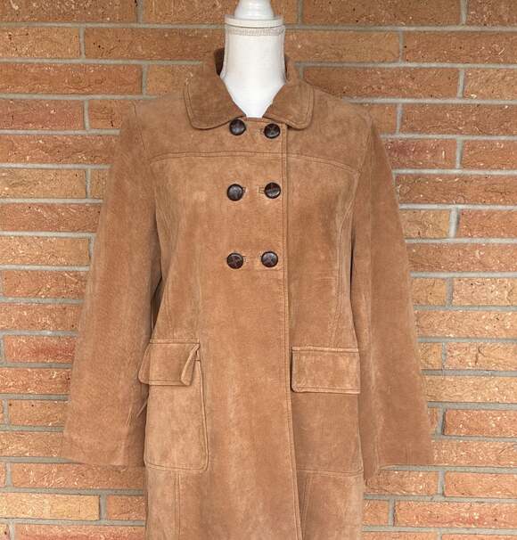 Baxis & Baxis Jackets & Blazers - Y2K Baxis & Baxis Pea Coat Jacket M Womens Suede Leather Lined Tan Double Breast